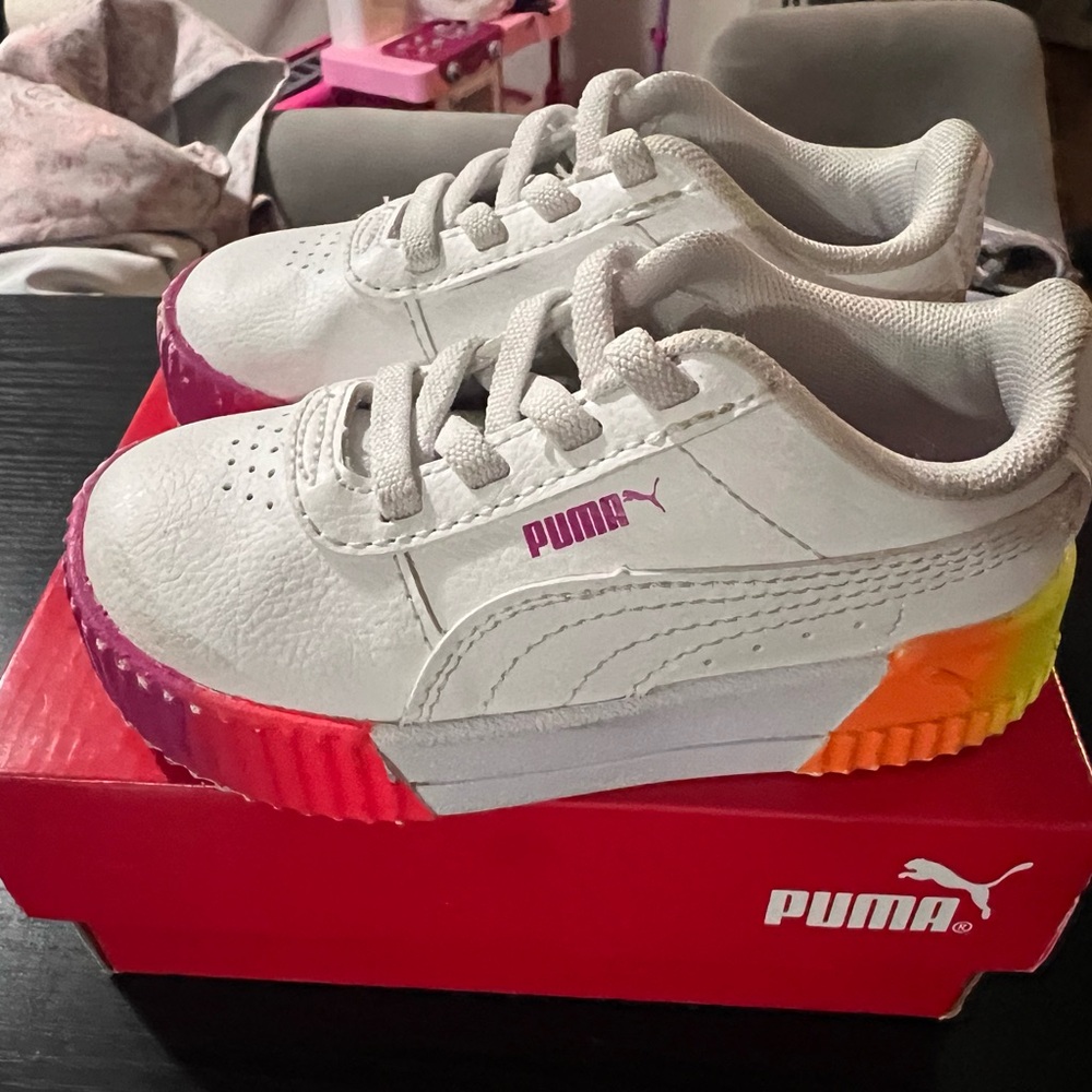 PUMA Kids White Sneakers with Rainbow Soles